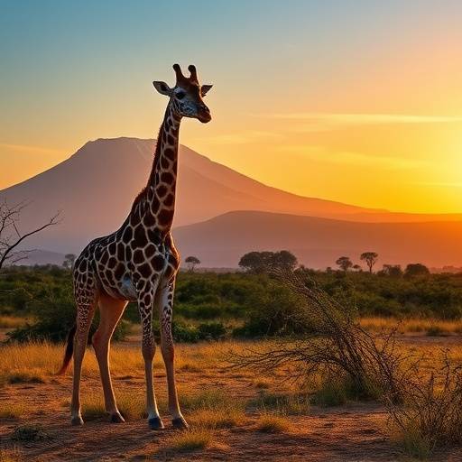 Girafe en plein safari en Tanzanie avec le Kilimandjaro en arrière-plan